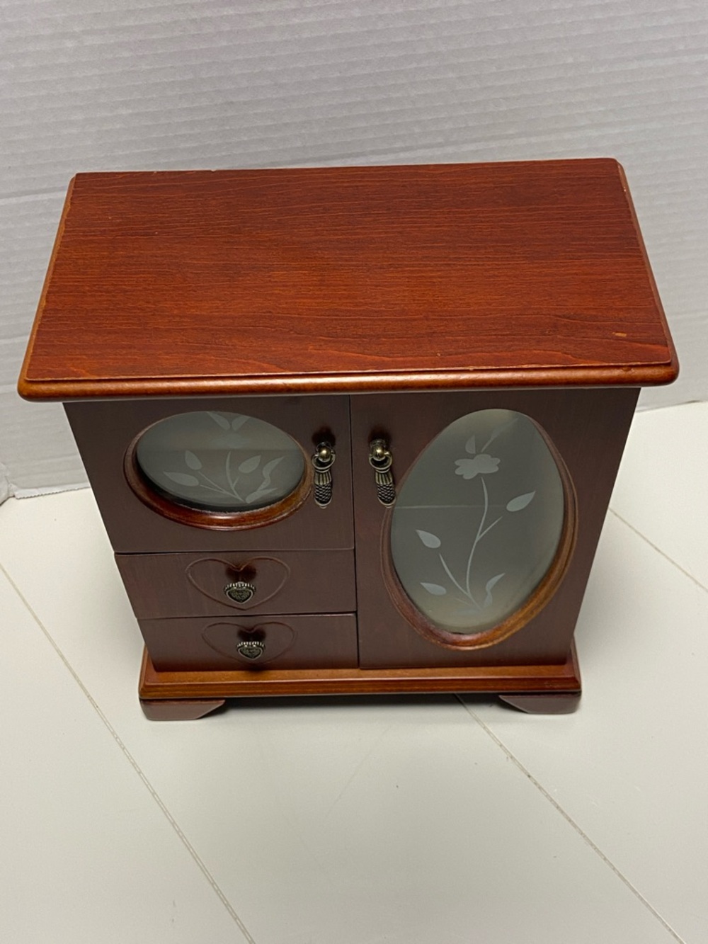 Vintage wooden Jewelry Box 80’s 90’s organizer with etched floral glass doors - Picture 2 of 10